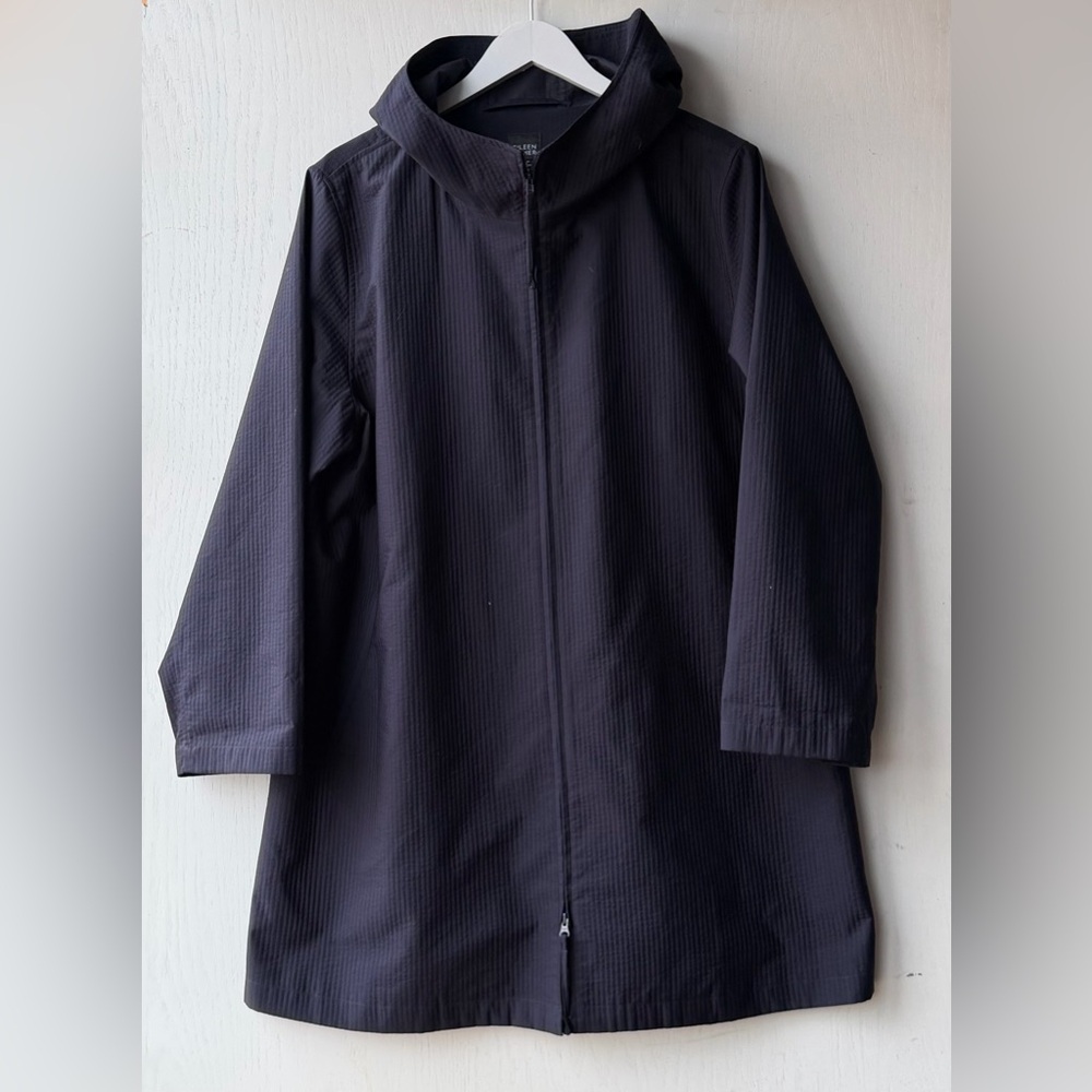 Eileen Fisher Coat Womens L Blue Hooded A-Line Zip Up Bemberg Rayon Cotton
